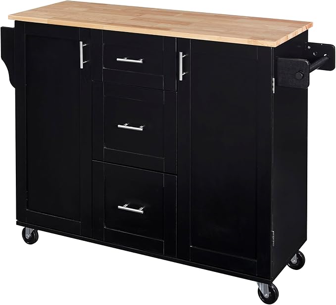 Rolling Mobile Kitchen Island Cart Cabinet with Door Internal Storage Rack, 3 Drawers and 2 Slide-Out Shelves for Dining Room