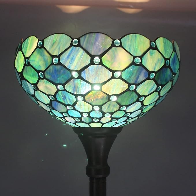 Tiffany Floor Lamp Torchiere Stained Glass Torch Lamp 12X12X67 Inch Antique Standing Corner Light (Sea Blue Pearl)