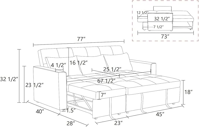 77 Inch Convertible Pull Out Sofa Bed, Sleeper Couch with Fluffy Fabric, 3 Seat Living Room Sofa Set with Adjustable Backrest for Living Room, Bedroom, Apartment, Grey