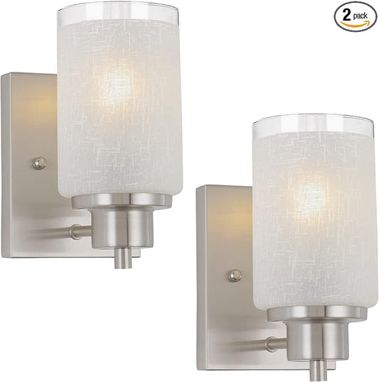 2 Pack Bath Vanity Light Fixture, Modern Indoor Wall Scone Lighting White Linen Frosted Glass Shades with Brush Nickle Finish Wall Lamp for Bathroom Kitchen Entryway Bedside