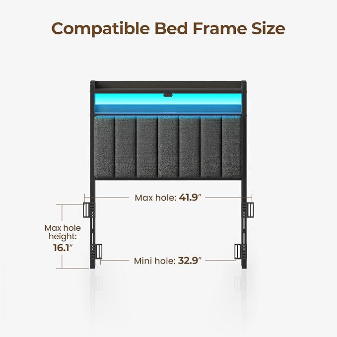 Rolanstar Headboard for Twin Size Bed with Storage, 60,000 DIY Color of LED Light, Head Board with USB & Type C Port, Height Adjustable, Black Upholstered Cabeceras de Cama Comfortable Modern, Linen