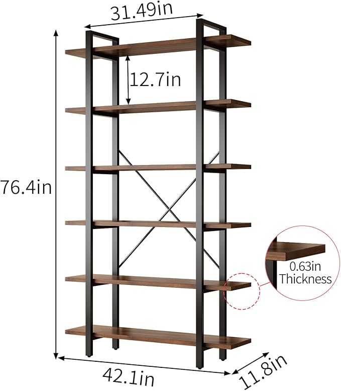 6 Tiers Bookshelf, Classically Modern White Bookshelf, Book Rack, Storage Rack Shelves in Living Room/Home/Office, Books Holder Organizer for Books/Movies (Dark Walnut, 6 Tiers)