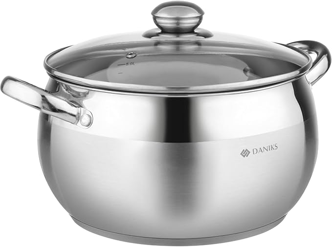 Daniks Classic Stainless Steel Stock Pot with Glass Lid – Induction 4 Quart, Dishwasher Safe, Measuring Scale, For Soup, Pasta, Stew, Silver