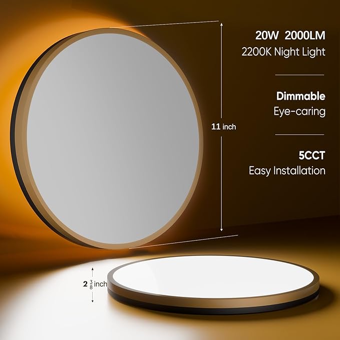 11 Inch Flush Mount Ceiling Light with Remote Control & Night Light, 5CCT Dimmable Ceiling Light Fixture, 20W 2000LM 2700K-6500K Adjustable LED Ceiling Lights for Bedroom Kitchen Living Room