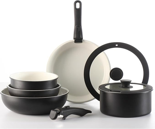 Daniks 9-Piece Nonstick Cookware Set, Ceramic Induction Pots and Pans with Detachable Silicone Handles, Oven & Dishwasher Safe, Black