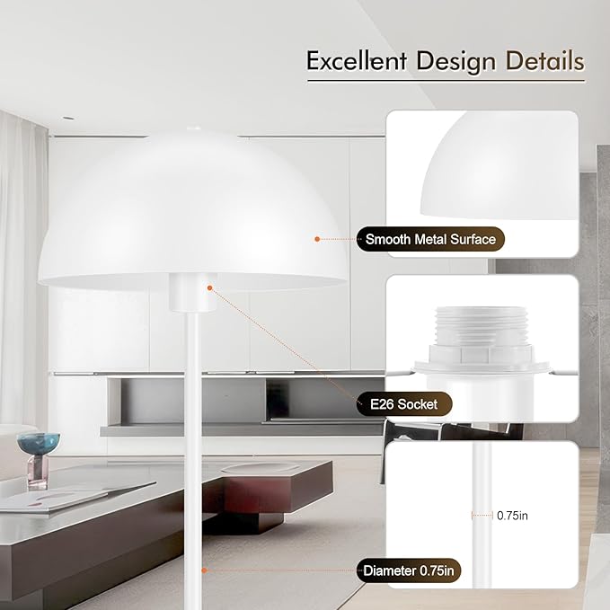 Floor Lamp, Industrial White Floor Lamps for Living Room, 65.6in Standing Lamp, Retro Mushroom Dome Shade, Whole Metal, E26 Socket, Mid Century Modern Floor Lamp for Bedroom/Office,No Bulb