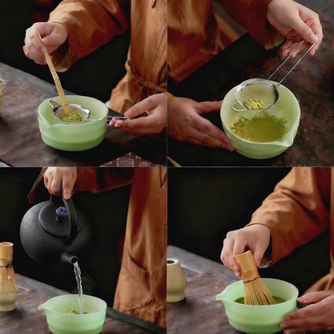 ZaH Matcha Whisk Set - Kit of 5pcs - Matcha Whisk and Bowl, Ceramics Whisk Holder, Bamboo Tea Scoop, Sifter (Ombre Green)