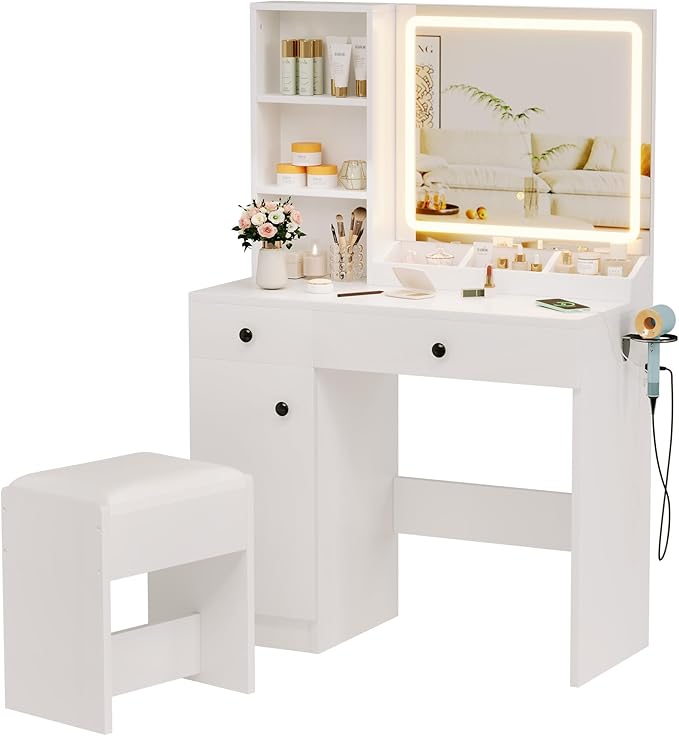 Vanity Desk with Mirror and Lights, 3-Color Lights Adjustable Brightness, White Vanity Makeup Desk with Drawer & Charging Station, Large Dressing Table Make Up for Bedroom
