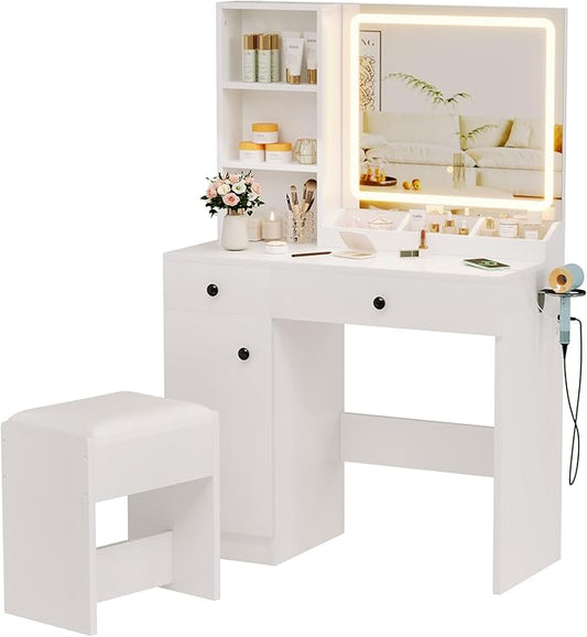 Vanity Desk with Mirror and Lights, 3-Color Lights Adjustable Brightness, White Vanity Makeup Desk with Drawer & Charging Station, Large Dressing Table Make Up for Bedroom