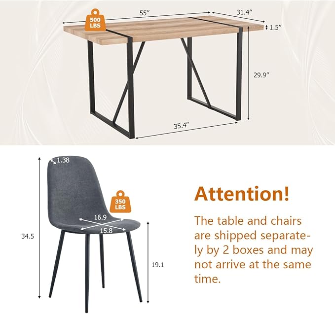 4 Chair Dining Table Set，Dinner Table Set for 4，55'' Kitchen Table and Suede Nap Fabic Chairs Set of 4, 5 Piece Dining Table Set for Kitchen Dining Room