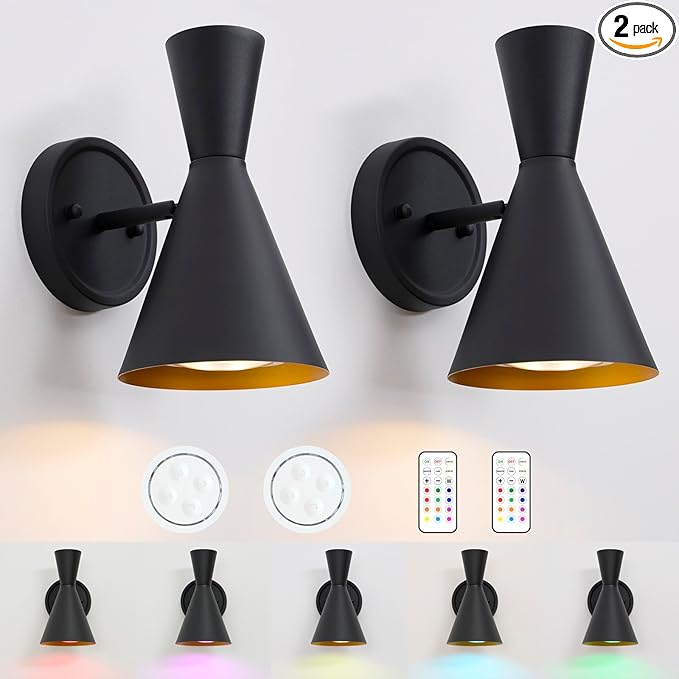 HEQIQEH Modern Battery Powered Adjustable Wall Sconces Light Set of 2 with Flared Funnel Metal Shade, 13 RGB Remote Control Dimmable Wall Mounted Lamp for Galleries, Hallway, Bedroom, Hotels