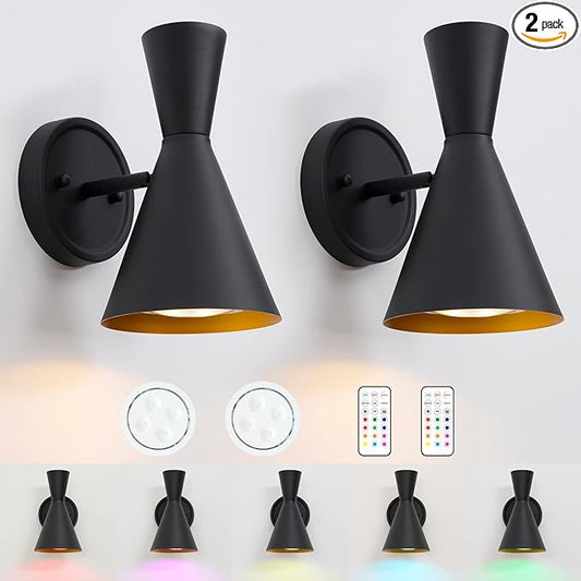 HEQIQEH Modern Battery Powered Adjustable Wall Sconces Light Set of 2 with Flared Funnel Metal Shade, 13 RGB Remote Control Dimmable Wall Mounted Lamp for Galleries, Hallway, Bedroom, Hotels