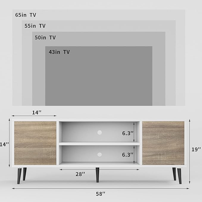 JUMMICO TV Stand for 65 Inch TV, Mid Century Modern TV Stand, Entertainment Center with Storage Cabinet and Open Shelves, TV Console Table Media Cabinet for Living Room, Bedroom and Office (Oak)