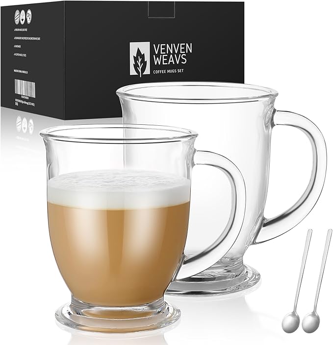 Glass Coffee Mugs Set of 2,15 OZ Lead-free Clear Coffee Cups For Cappuccino,Latte,Tea,Glass Coffee Cups with handles