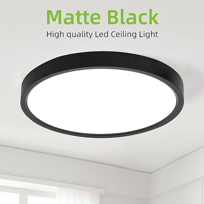 hykolity 12 Inch Selectable CCT LED Round Flat Panel Light, 24W 3000K/4000K/5000K, Edge-Lit Flush Mount Ceiling Light Fixture for Kitchen, Bedroom, Laundry and Closet Room，Black
