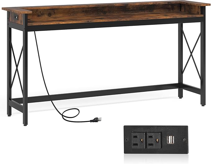 LITTLE TREE 70.9 inch Long Sofa Console Table with Outlets Charging Station Narrow Entryway Hallway Accent Furniture