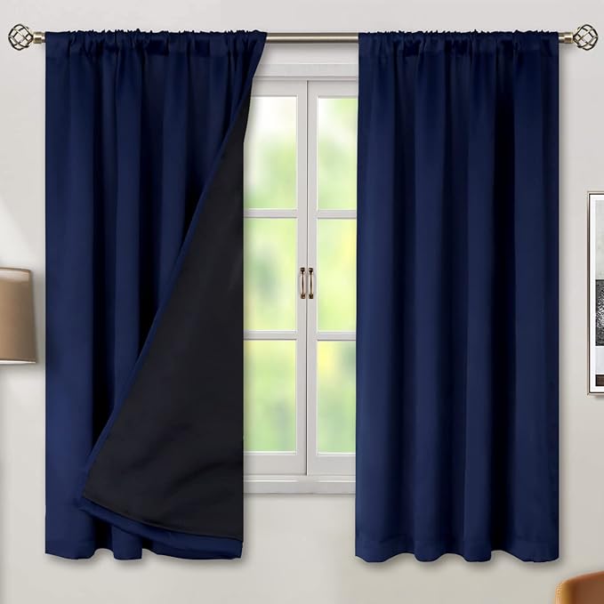 BGment Navy Blue 100% Blackout Curtains 63 Inches Long with Reducing Noise Liner, Rod Pocket and Back Tab Double Layer Full Room Darkening Window Curtain for Bedroom, 2 Panels, Each 42 x 63 Inch