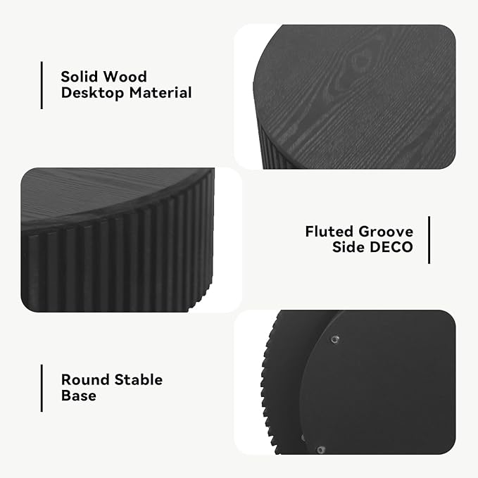 Round Coffee Table for Living Room, Accent Fluted Drum Coffee Table with Storage, Modern Solid Wood Veneered Circle Center Tea Table for Small Space Apartment (31.5''D×14''H-Black)