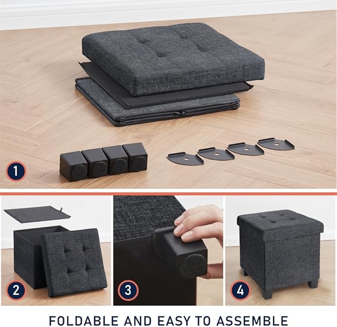 Ornavo Home 15 Inch Folding Storage Ottoman with Storage, Square Cube Linen Small Storage Ottoman Foot Rest Stool with Legs - Black