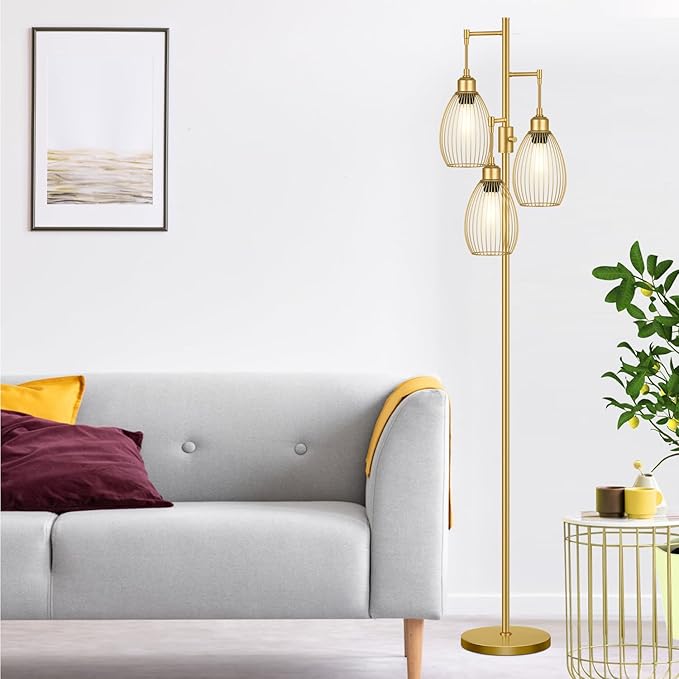 Dimmable Floor Lamp, 3 x 800LM LED Edison Bulbs Included, Farmhouse Industrial Floor Lamp Standing Tree Lamp with Elegant Teardrop Cage Head Tall Lamp for Living Room Bedroom Office Dining Room - Gold