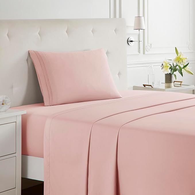 Clara Clark Bed Sheets, Premier 1800 Series Bed Sheet Set, Deep Pocket, Wrinkle, Fade, Stain Resistant, Luxury Soft Bedding Sheets & Pillowcases, Twin, Pink Beige