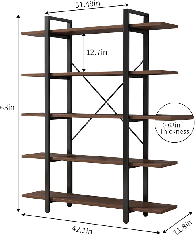 5 Tiers Bookshelf, Classically Modern White Bookshelf, Book Rack, Storage Rack Shelves in Living Room/Home/Office, Books Holder Organizer for Books/Movies (Dark Walnut, 5 Tiers)