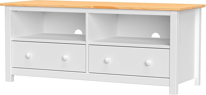 Handcrafted Solid Oak TV Stand Entertainment Center - Elegant White/Pine Media Console with Spacious Storage Drawers & Open Shelves - Sturdy Wood Cabinet Fits TVs up to 55 Inches