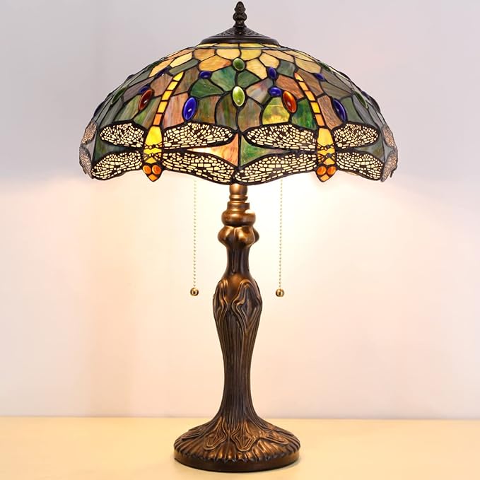 Tiffany Table Lamp Stained Glass Lamp 16X16X24 Inch Antique Reading Light (Amber Yellow Dragonfly)