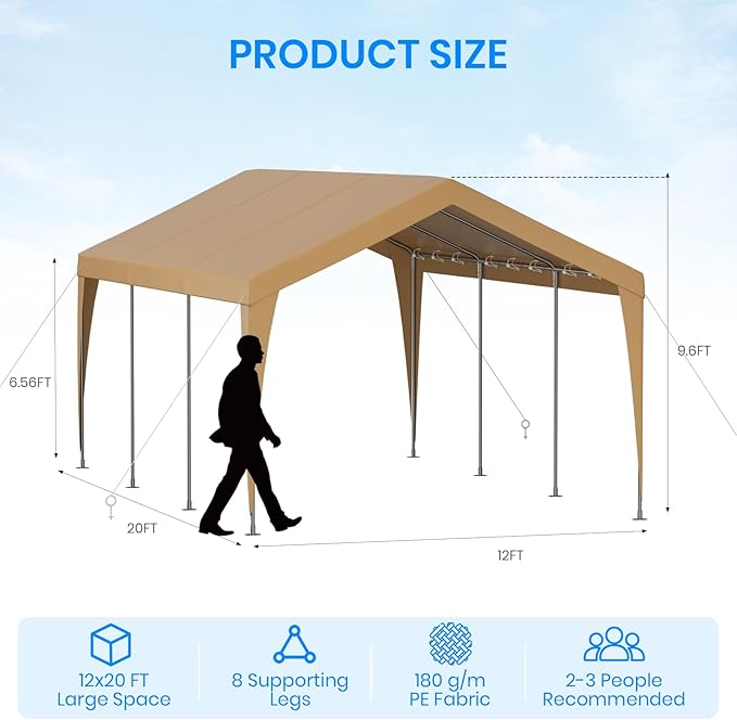 12x20 FT Heavy Duty Carport, Outdoor Portable Car Canopy Garage, Galvanized Steel Frame, UV-Resistant Waterproof PE Tarp Shelter for Vehicles, Boats, RVs, Driveway Carport, Yellow