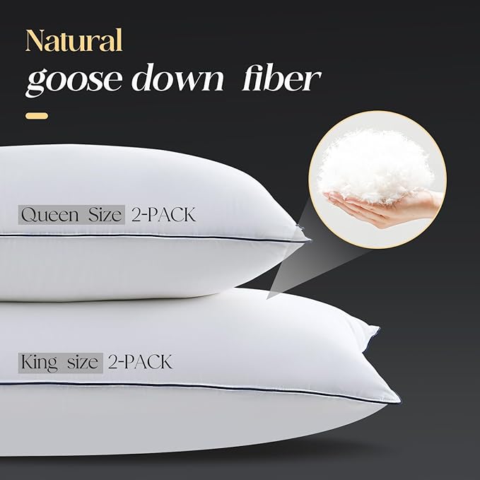 Luxurious Goose Down Bed Pillows King Size Set of 2, Hotel Collection Pillows Designed for Deep Sleep, Soft and Supportive Filling for Side, Back Sleepers 20" x 36"