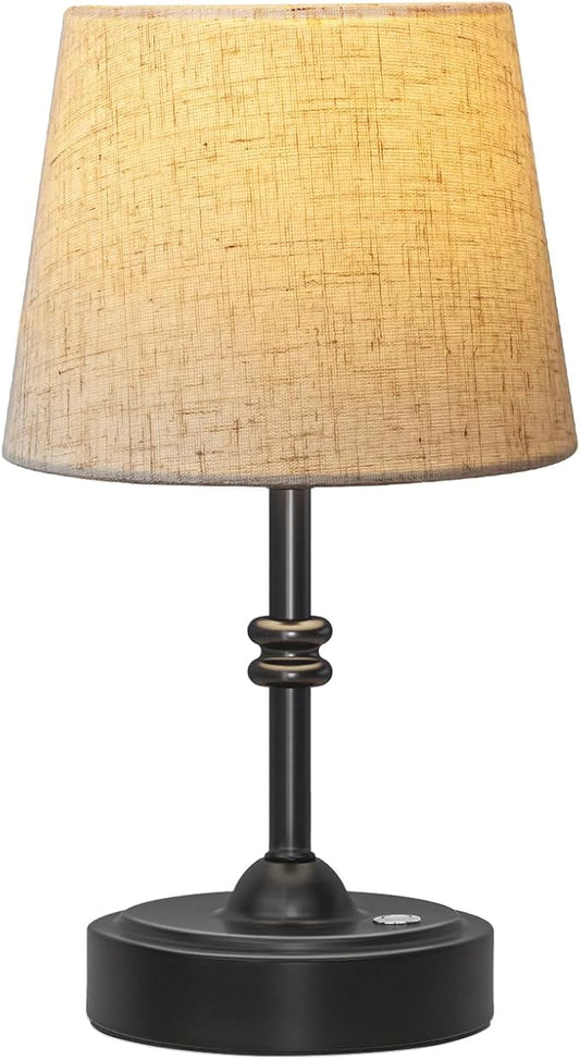 ONEWISH Small Cordless Lamp, Battery Operated Table lamp Dimmable, 4000mAh Rechargeable, Touch Bedside Lamp with Beige Linen Shade, 2700K Bulb Included, for Dining, Patio, Bathroom(Black)
