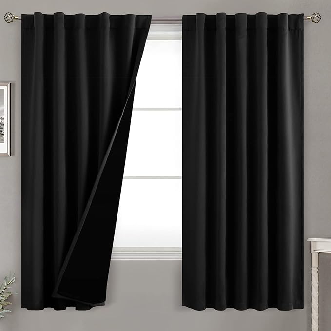 BGment Full Blackout Curtains with Thermal Insulation Liner Curtains 63 Inches Long, Rod Pocket and Back Tab Double Layer Room Darkening Window Curtain for Bedroom(42 x 63 Inch, 2 Panels, Black)
