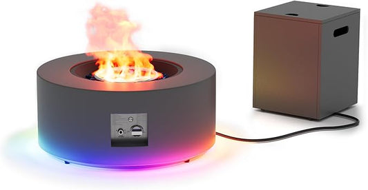 2-Piece 30" LED Round Propane Fire Pit for Outside Patio with Hidden Tank Table, 50,000 BTU Fireplaces with Lid, Glass Rocks, Cover(Dark Grey w/RGB Light)