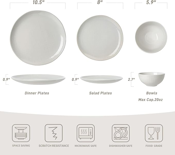 Famiware Moonlight Plates and Bowls Sets, 18 Pieces Stoneware Dinnerware Sets with Linen Finish, Handmade Dishware set for 6, Microwave and Dishwasher Safe, Scratch Resistant Tableware, White