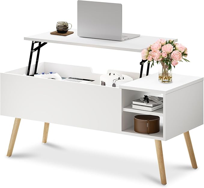 ALINE FURNITURE White Coffee Table Lift Top - Wood Coffee Table with Hidden Compartment Storage - 40" Pull Up Coffee Tables for Living Room