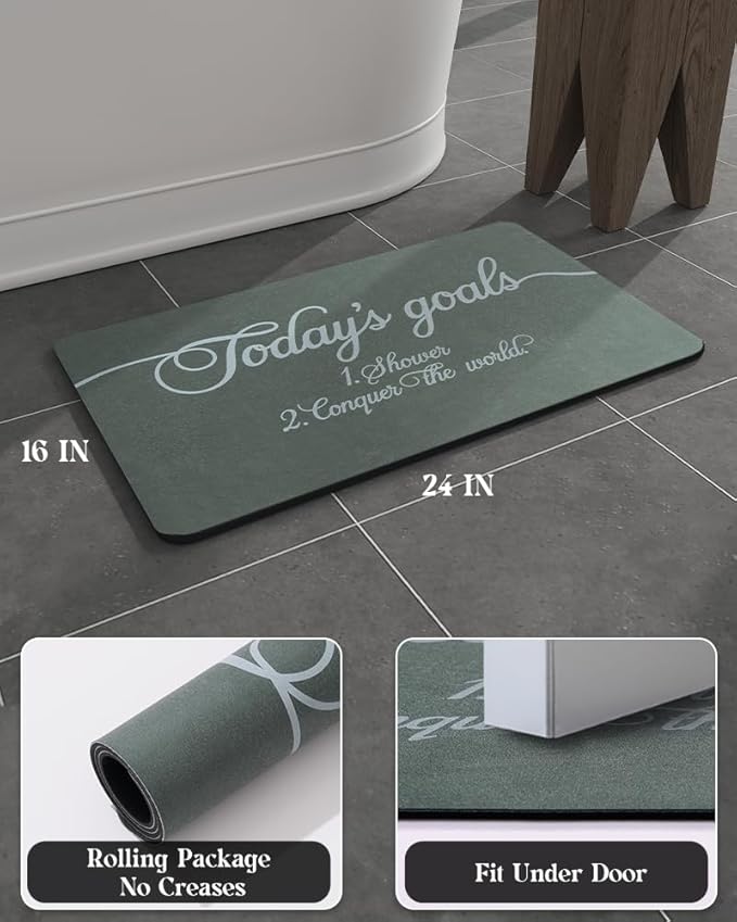 MontVoo -Bath Mat Rug- Non Slip Quick Dry Absorbent Thin Bathroom Rugs Fit Under Door-Faux Suede Surface Bathroom Floor Mats-Shower Rug for in Front of Bathtub Shower 16"X24" Green Text Pattern