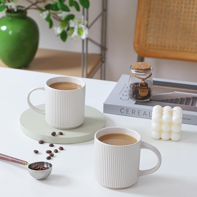 Coffee Mugs Set of 4, 12 OZ Ceramic Coffee Mugs with Handle, Vertical Stripes Coffee Cups Set for Latte/Tea/Cocoa/Milk, Microwave and Diahwasher Safe (White)