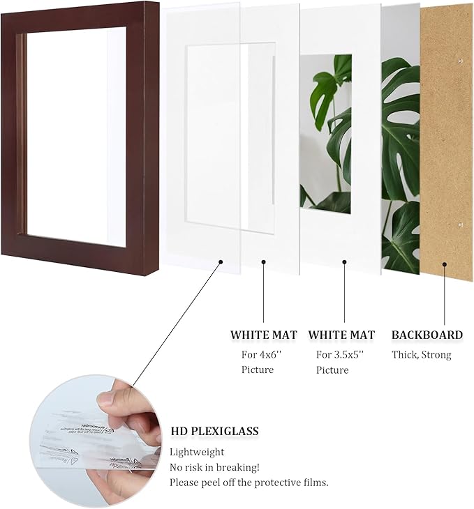 Egofine 4x6 Picture Frame with Plexiglass, Display Pictures 3.5x5 with Mat or 4x6 Without Mat for Tabletop and Wall Mounting, Walnut Color