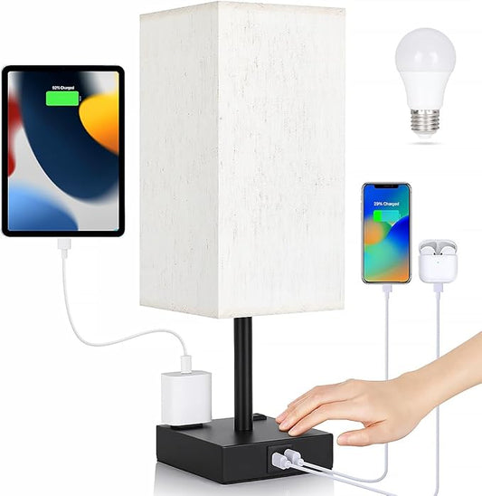 Bedside Table Lamp for Bedroom - Touch Small Lamp with USB C+A Charging Ports & AC Outlets, 3 Way Dimmable Nightstand Light for Living Room (LED Bulb Included, Flaxen)