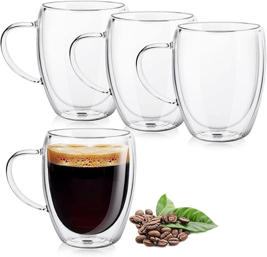 Espresso Cups, Double Wall Glass Coffee Mugs with Handle, Clear Coffee Cups, Cappuccino Lattee Tea Cup, Insulated Glassware for Hot Cold Coffee,4 Pack,12 oz