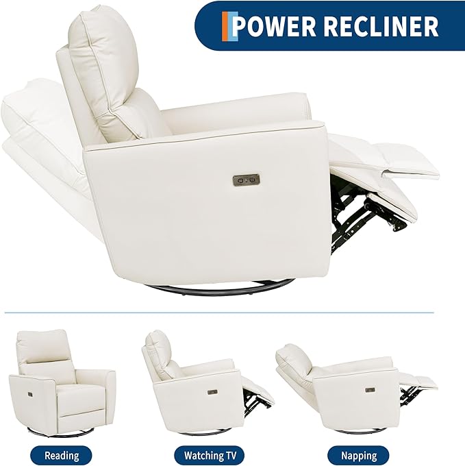 GarveeHome Power Recliner Chair Swivel Glider Upholstered Faux Leather Nursery Rocker Reclining Sofa Chair with Charging Port, Curved Armrests & Padded Backrest (Beige)