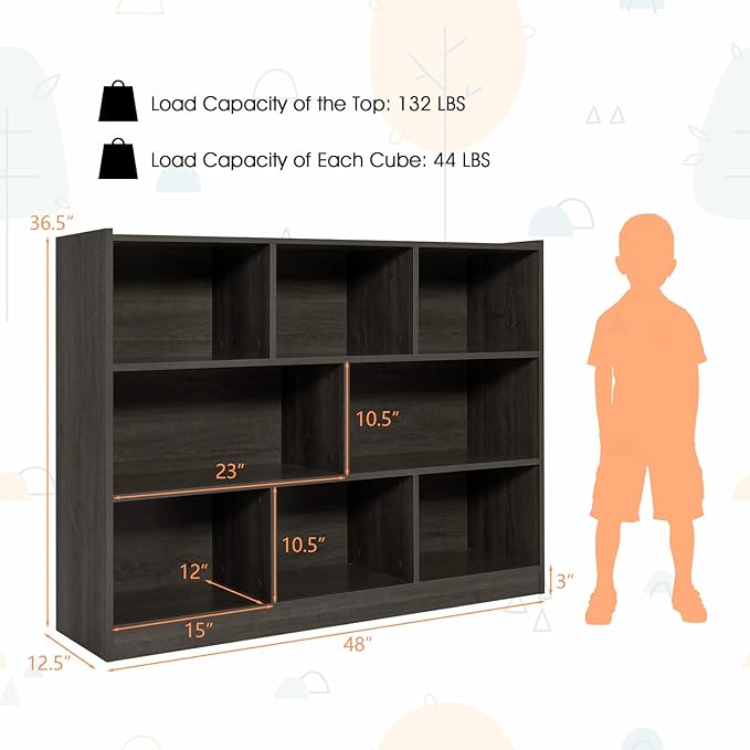 Toy Storage Organizer, 3-Tier Kids Bookshelf, 8 Cube Kids' Bookcases, Cabinets & Shelves, Wooden Toy Organizers, Small Book Shelf for Bedroom, Playroom, Classroom, Nursery (Gray)