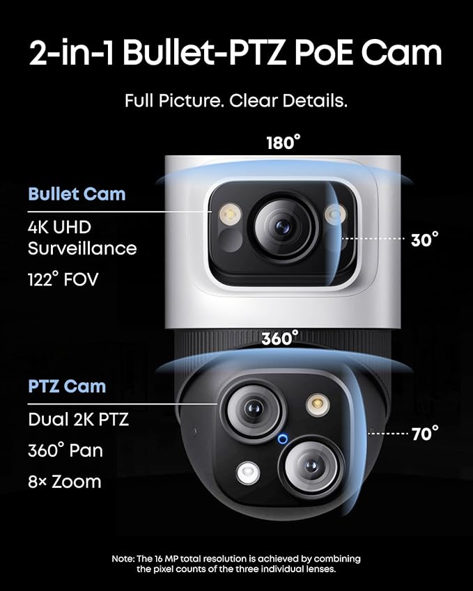 eufy PoE Bullet-PTZ Cam S4, NVR Add On Cam, 4K UHD Triple Lens, 122° FOV, 360° Pan and Tilt, 8× Hybrid Zoom, AI Tracking, Red and Blue Light, Color Night Vision, PoE Plug and Play, 24/7 Recording