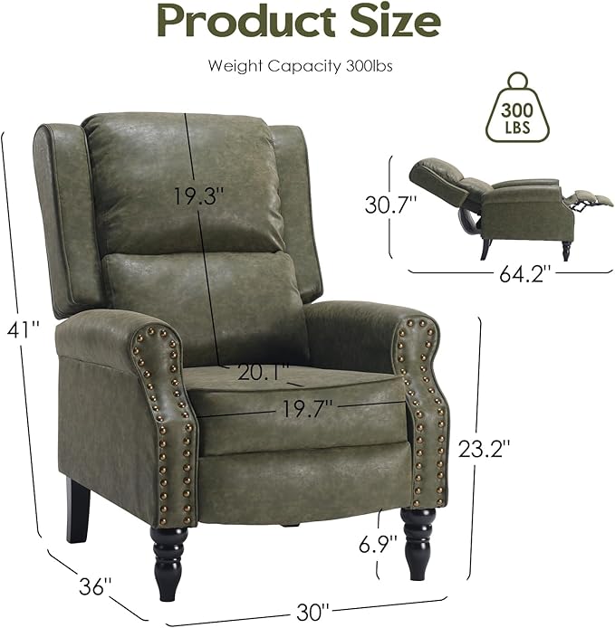 Leather Recliner Chair, Adjustable Backrest Footrest, Pushback Recliner with Overstuffed Arms Lumbar Support for Reading Mid Modern Reclining Chair, Living Room, Green