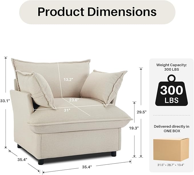 35.4" Wide Oversized Velvet Single Sofa Chair with 2 Pillows, Modern Upholstered Accent Chair Armchair for Livingroom Bedroom Apartment, Light Brown