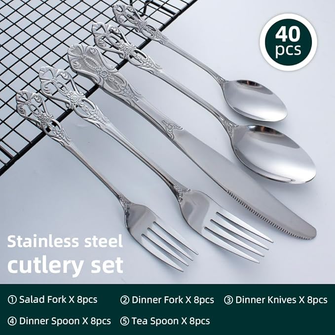 40-Piece Stainless Steel Flatware Set, Silver Silverware Set Service for 8, Cutlery Utensils Set
