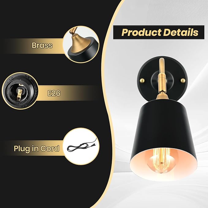 Plug in Wall Sconces, Black Wall Sconce Lighting, Swing Arm Wall Lamp,E26 Base Industrial Wall Light Fixtures with Plug in Cord