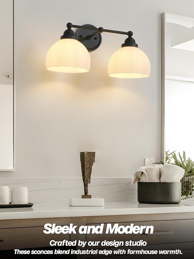 2-Lights Milk White Glass Wall Sconce Lighting Brass Finished, Double Arm Bathroom Vanity Light Fixture for Bedroom Living Room Dining Room Hallway