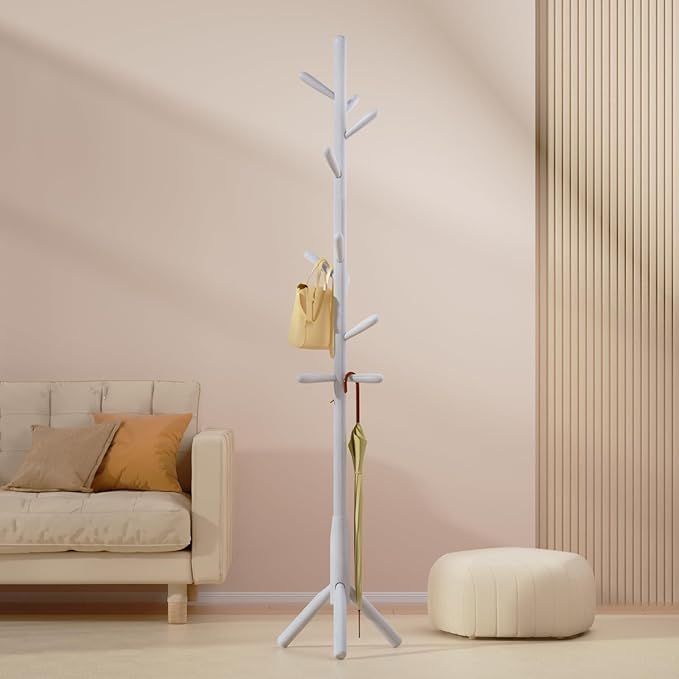 Solid Wood Coat Rack, Freestanding Tree-Shaped Coat Rack with 11 Hooks, Main Pole 1.6" dia for Clothes, Hat Stand Used in Bedroom/Office/Entryway (3-Leg Base, White)