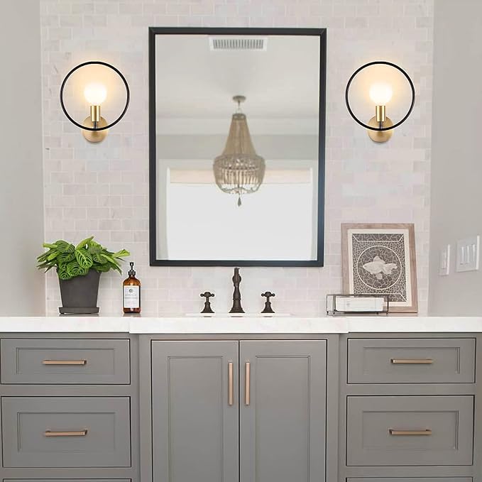 Classy Bathroom Wall Sconce Set of 2 Gold & Black Vanity Industrial Wall Lamp Pole Wall Mount Lighting Fixture